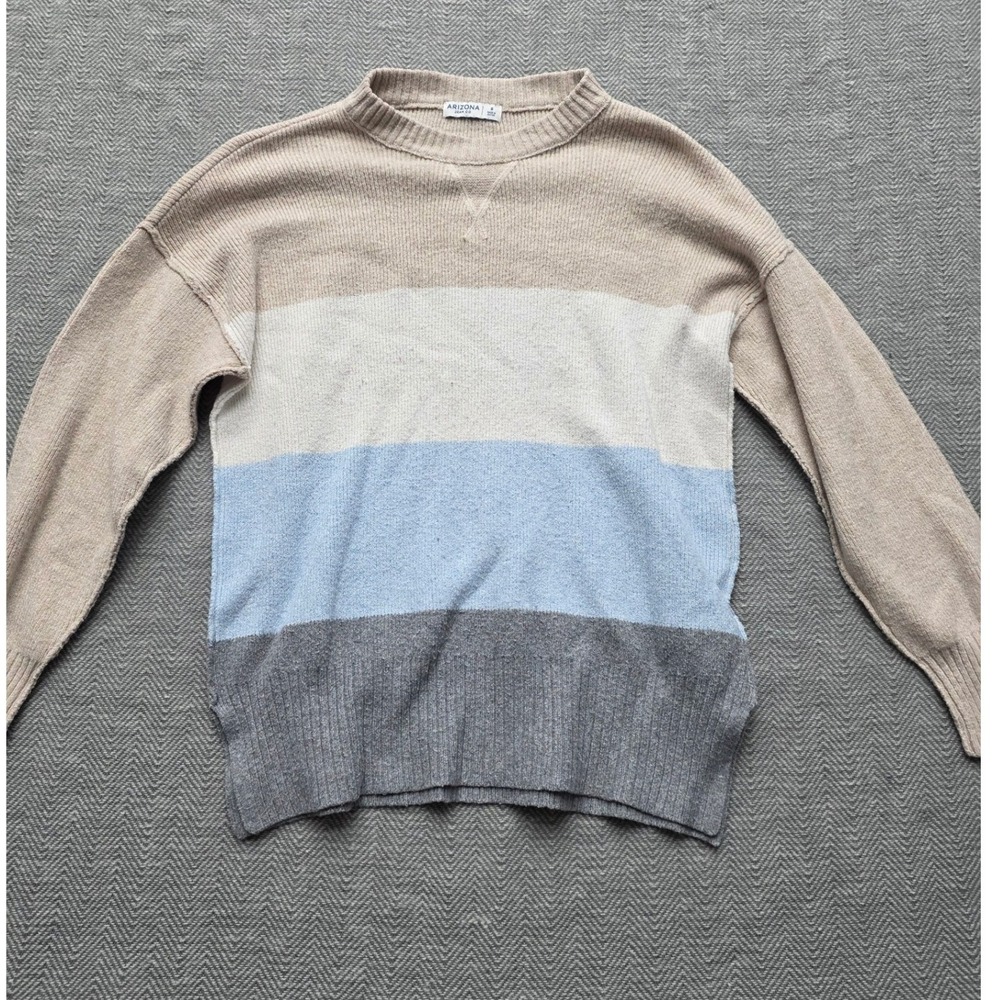 Arizona Jean Co Womens Small Colorblock Knit Sweater Blue Tan Cream Crew Neck